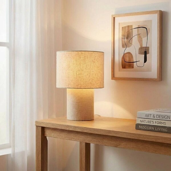 Lindby stolní lampa Elfie, Ø 23 cm, béžová, len, E27, Krémová / jantar, Obývací pokoj / jídelna, Textil / tkanina / hedvábí, Skandinávský