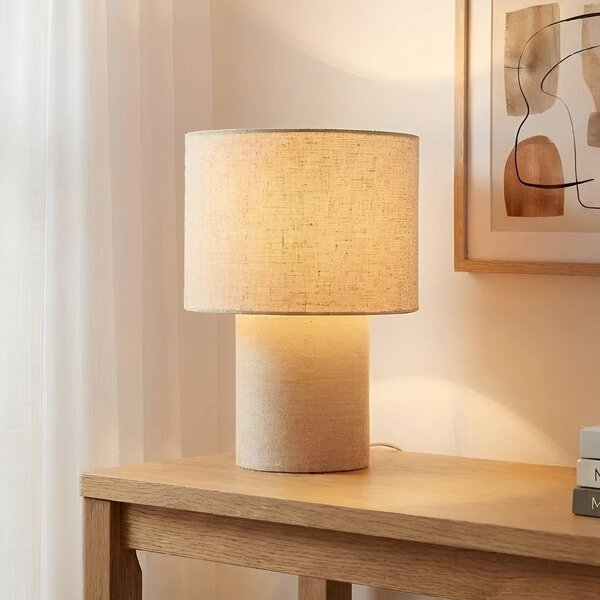 Lindby stolní lampa Elfie, Ø 23 cm, béžová, len, E27, Krémová / jantar, Obývací pokoj / jídelna, Textil / tkanina / hedvábí, Skandinávský