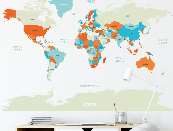 FUGU Mapa světa na zeď oranžová - Samolepka na zeď - anglicky