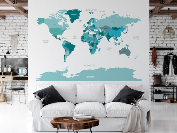 FUGU Mapa světa na zeď modrá - Samolepka na zeď anglicky