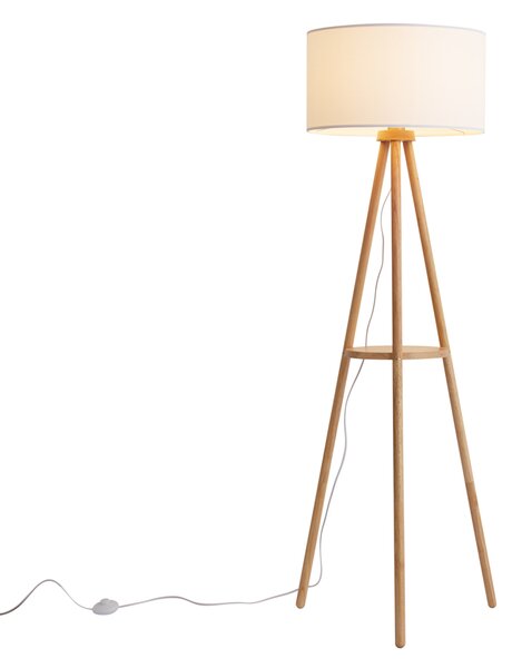 Skandinávská stojací lampa dřevěná s látkovým stínidlem bílá - Lou