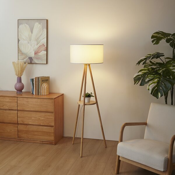 Skandinávská stojací lampa dřevěná s látkovým stínidlem bílá - Lou