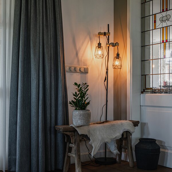 Rustikální stojací lampa černá se dřevem 2-světlo s stínítkem - Dami Frame