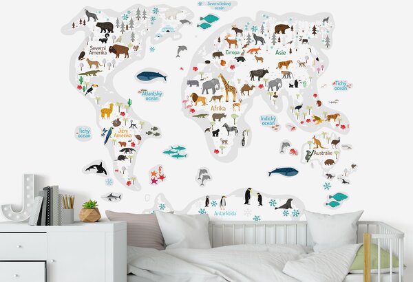 FUGU Dětská mapa světa přelepovací bílá - samolepky na zeď Rozměr: Dětská mapa světa L 161 cm x 130 cm