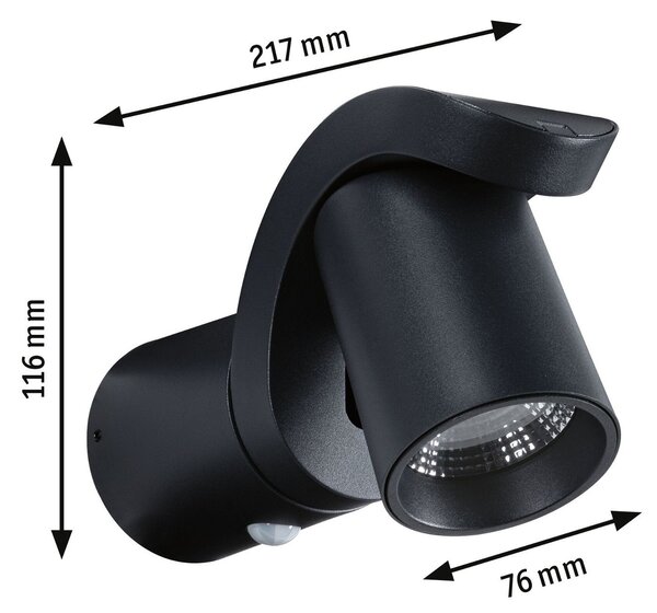 P 94830 LED venkovní nástěnné svítidlo Cuff pohybové čidlo IP44 76x217mm 3000K 10W 230V 70° antracit hliník - PAULMANN
