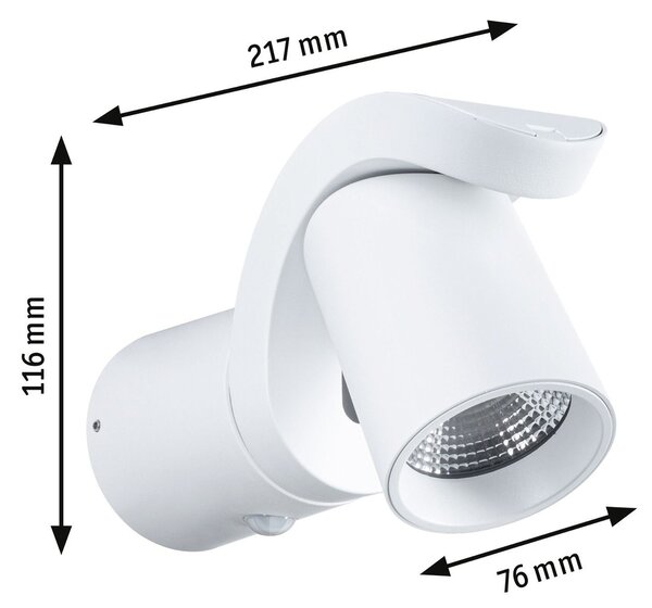 P 94832 LED venkovní nástěnné svítidlo Cuff pohybové čidlo IP44 76x217mm 3000K 10W 230V 70° bílá hliník - PAULMANN