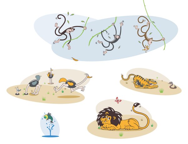 FUGU Dětské samolepky na zeď - Na Safari Rozměr: M (š x v): Lev 52 x 39 cm, Tygr 51 x 21, Pštrosi 69 x 30, Opičky 117 x 44 + liána , Ryba 16 x 20