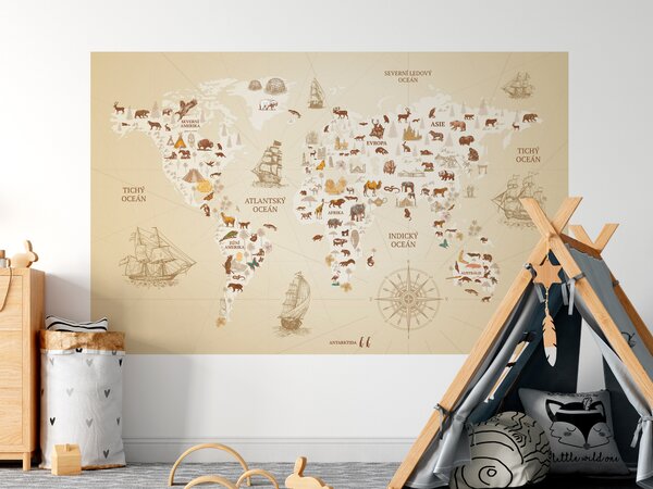 FUGU Dětská Mapa světa Dobrodružné objevy- plakát béžová světlá Rozměr: MALÁ: (š x v) 134 x 85 cm - Mapa světa objevyS