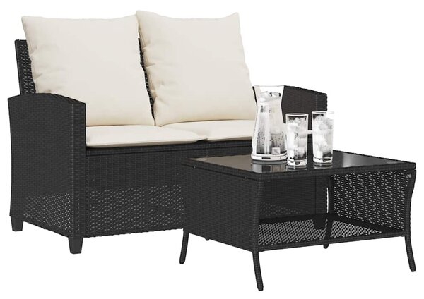 Zahradní pohovka 2-sedák s polštáři&Stůl Black Poly Rattan