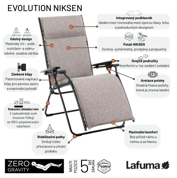 Relaxační křeslo Lafuma EVOLUTION NIKSEN šedá Cendre