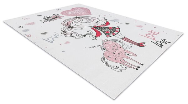 Dětský kusový koberec vhodný k praní BAMBINO 2644 Holčička Jednorožec bílý růžový Rozměr: 80x150 cm
