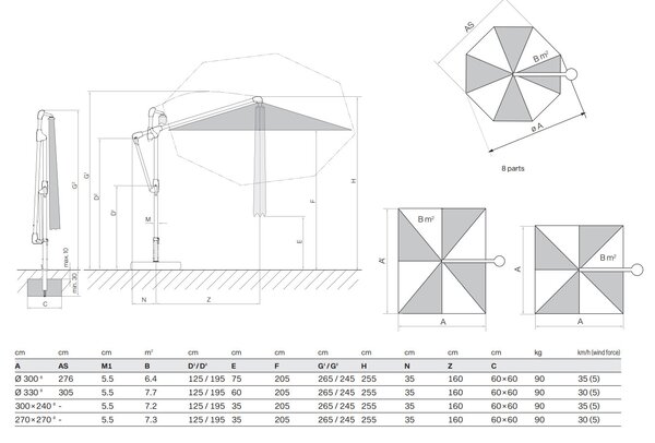 Slunečník boční GLATZ Sunwing CASA 270 x 270 cm šedá (157)