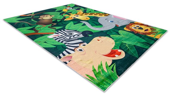 Makro Abra Dětský kusový koberec vhodný k praní BAMBINO 2705 Afrika Zvířátka, Lev Opice Hroch zelený Rozměr: 80x150 cm