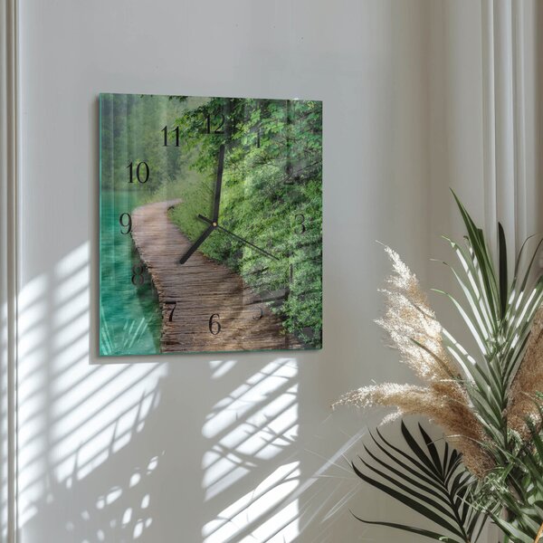 Skleněné hodiny na stěnu Dřevěný chodník zskc-30x30-00176305