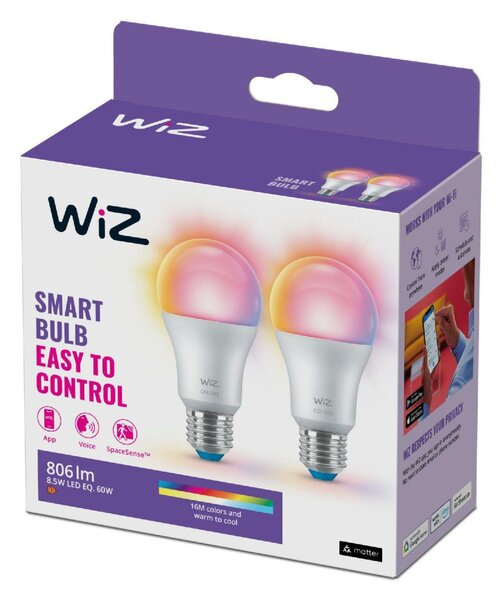 WiZ SET 2x LED žárovka E27 A60 8W (60W) 806lm 2200-6500K RGB IP20, stmívatelná