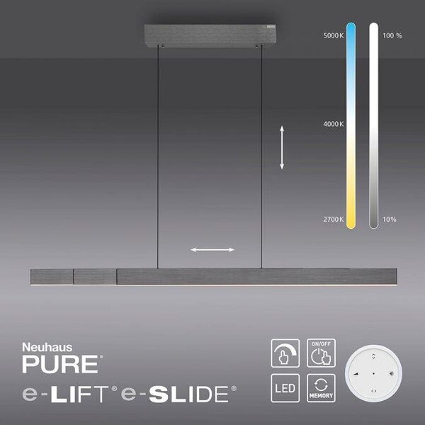 Paul Neuhaus LED závěsné svítidlo PURE-MOTO-RISE elektricky nastavitelná výška dotykový vypínač 2700-5000K platina, d.200cm
