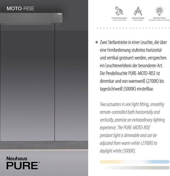 Paul Neuhaus LED závěsné svítidlo PURE-MOTO-RISE elektricky nastavitelná výška dotykový vypínač 2700-5000K platina, d.200cm