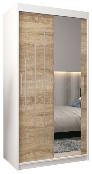Šatní skříň s posuvnými dveřmi a zrcadlem YORK2 - 100x200cm -Bílá-Dub Sonoma-