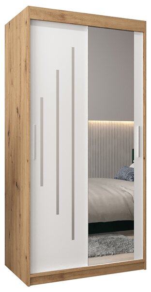 Šatní skříň s posuvnými dveřmi a zrcadlem YORK2 - 100x200cm -Dub Artisan-Bílá-