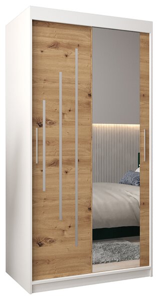 Šatní skříň s posuvnými dveřmi a zrcadlem YORK2 - 100x200cm -Bílá-Dub Artisan-