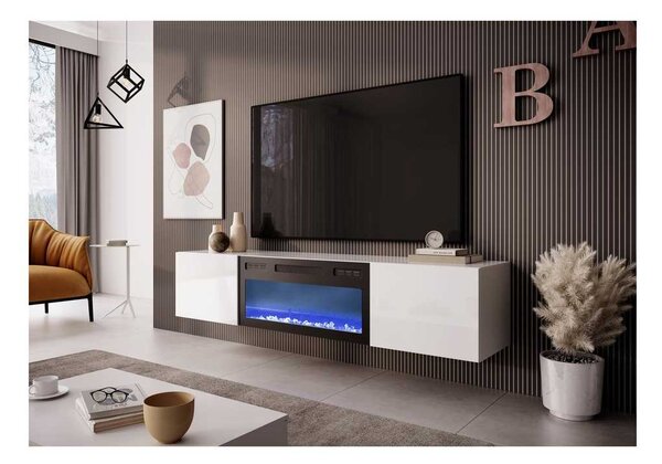 TV stolek Livo s imitací krbu, bílá / černá