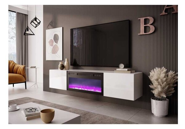 TV stolek Livo s imitací krbu, bílá / černá