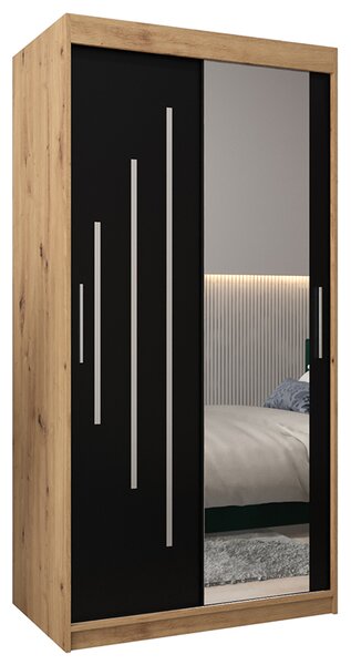 Šatní skříň s posuvnými dveřmi a zrcadlem YORK2 - 100x200cm -Dub Artisan-Černá-
