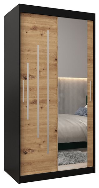 Šatní skříň s posuvnými dveřmi a zrcadlem YORK2 - 100x200cm -Černá-Dub Artisan-