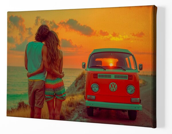 Obraz na plátně - Milenci a západ slunce za Volkswagen van FeelHappy.cz Velikost obrazu: 120 x 80 cm