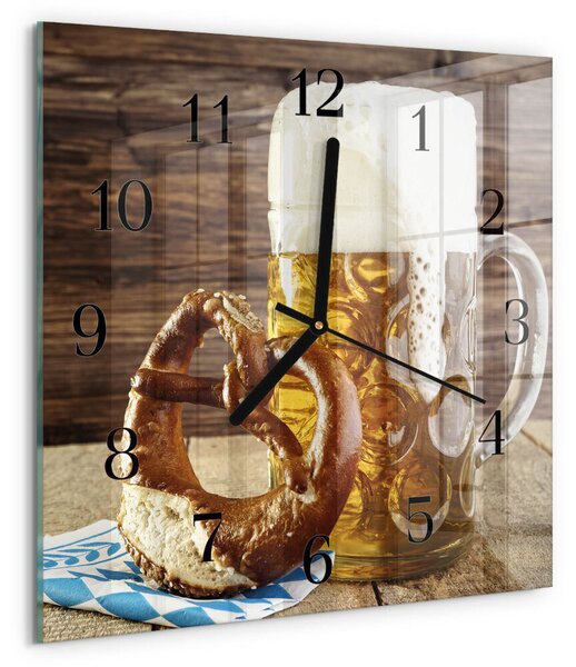 Skleněné hodiny na stěnu Pivní preclík zskc-30x30-00176604