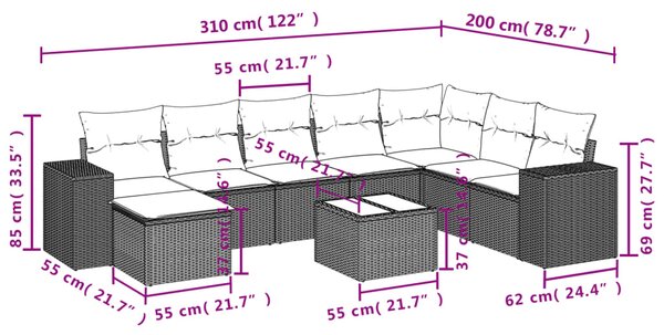 9dílná zahradní sedací souprava s poduškami černá polyratan
