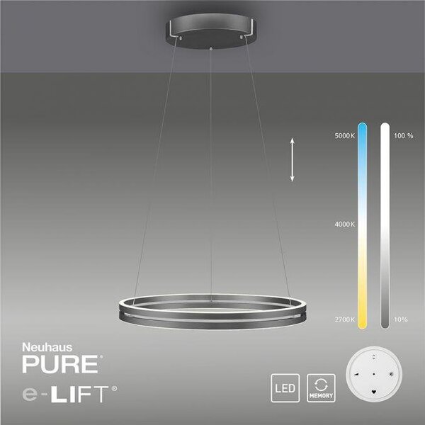Paul Neuhaus Závěsné LED svítidlo PURE E-Loop, 53W, ø 70,1 cm, 2700-5000K, elektricky nastavitelná výška Barva: Mystická šedá