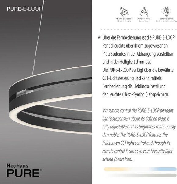 Paul Neuhaus Závěsné LED svítidlo PURE E-Loop, 53W, ø 70,1 cm, 2700-5000K, elektricky nastavitelná výška Barva: Mystická šedá