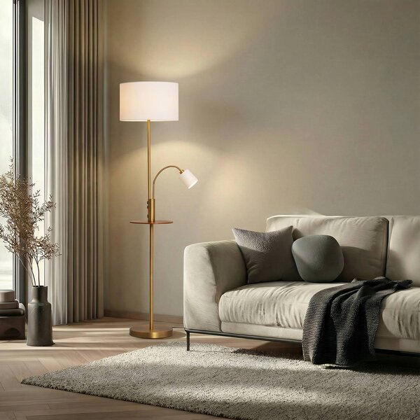 Lindby stojací lampa Aovan, bronzová, odkládací plocha, USB port, Bronz / starožitná mosaz, Obývací pokoj / jídelna, kov, Moderní, Lampička na čtení