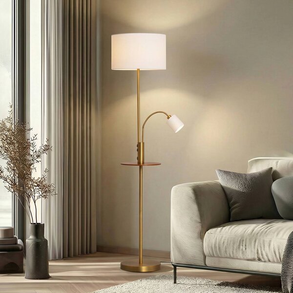 Lindby stojací lampa Aovan, bronzová, odkládací plocha, USB port, Bronz / starožitná mosaz, Obývací pokoj / jídelna, kov, Moderní, Lampička na čtení