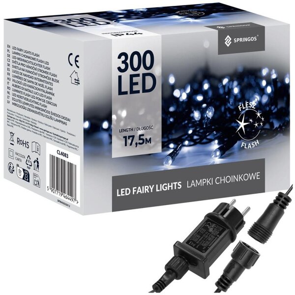 LED světelný řetěz - 17,5m, 300LED, IP44, modrá + záblesky