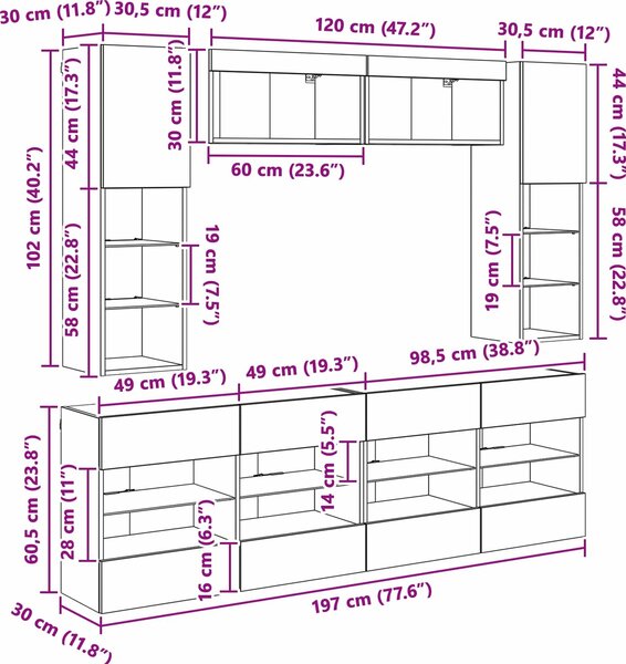 VidaXL 6dílná obývací stěna s LED osvětlením [3402997] Barva: kouřový dub