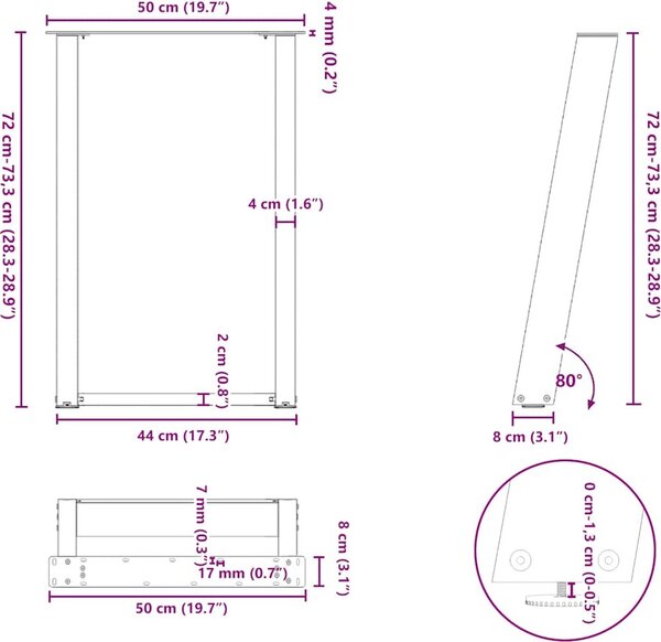 VidaXL Nohy k jídelnímu stolu ve tvaru U, 2 ks, ocel, 50 x (72-73) cm, ocel [4012785] Barva: Černá