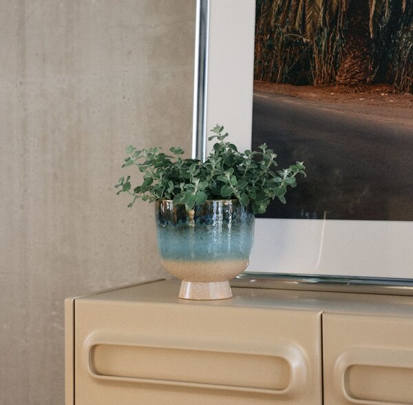 Modrý kameninový obal na květináč Retro Lagoon - Ø 20,5*20 cm - HKLIVING