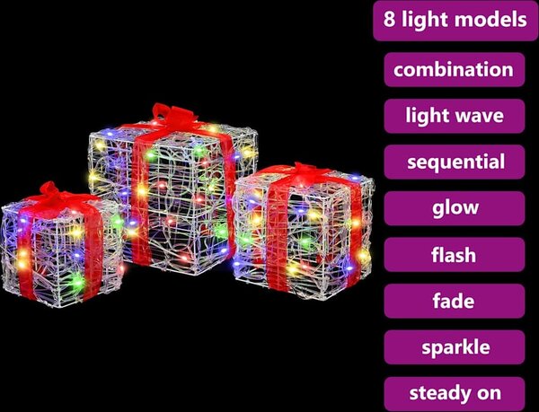 VidaXL Dárková krabice 3 ks 60 LED 20 x 20 x 20 cm Akryl [42019094] Barva: Modrá