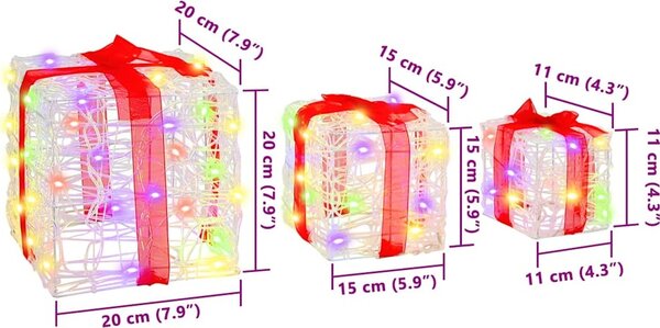 VidaXL Dárková krabice 3 ks 60 LED 20 x 20 x 20 cm Akryl [42019094] Barva: Modrá
