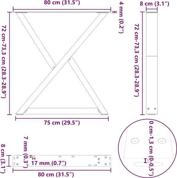 VidaXL Nohy k jídelnímu stolu 2 ks ocel 80 x (72-73,3) cm ocel [4012729] Barva: Černá