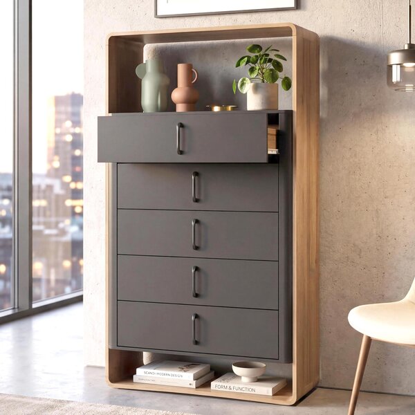 Highboard HWC-P43, vysoká skí, píborník, komoda, 5 zásuvek, MDF, 155 x 80 x 41 cm vzhled dubu Rivera, tmav edá