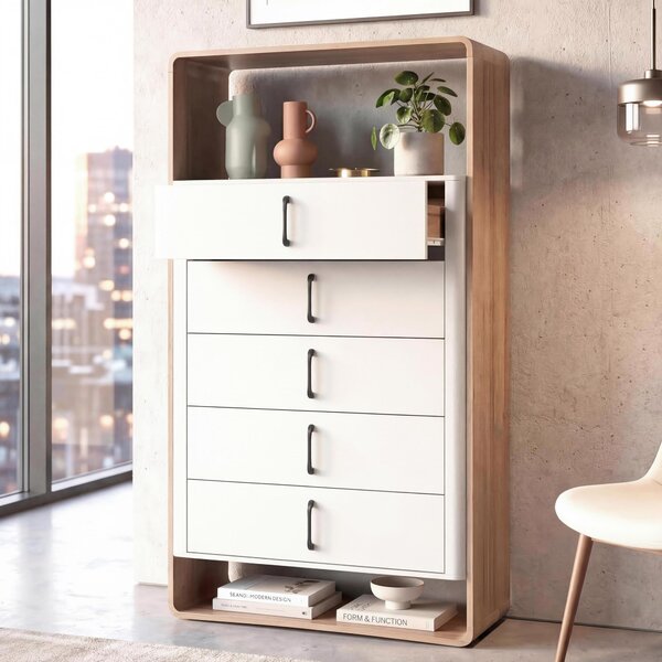 Highboard HWC-P43, vysoká skí, píborník, komoda, 5 zásuvek, MDF, 155 x 80 x 41 cm vzhled dubu Wotan, bílá