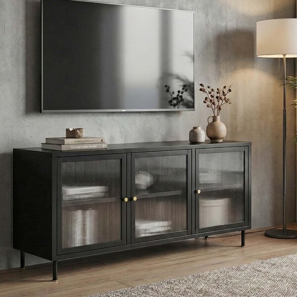 Televizní stolek HWC-O87, nízká skíka na televizi s dvíky úloné pihrádky prmyslový kov rákosové sklo 58x120x40cm erná