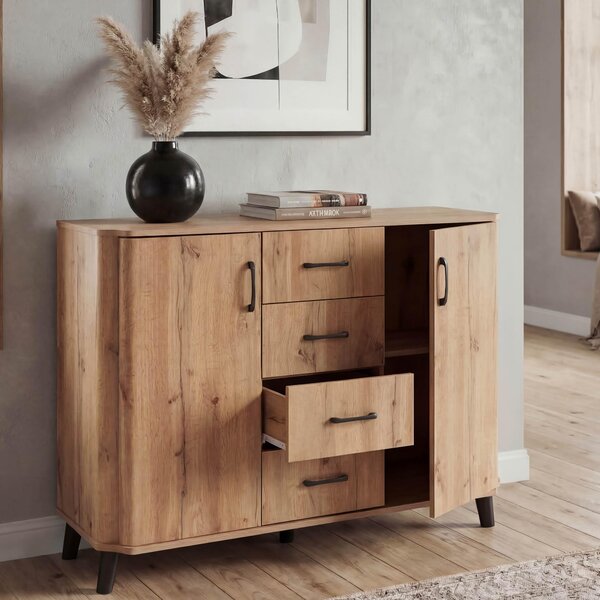 Komoda HWC-P42, píborník, 4 zásuvky, 2 dvíka, MDF 92 x 120 x 40 cm vzhled dubu Wotan