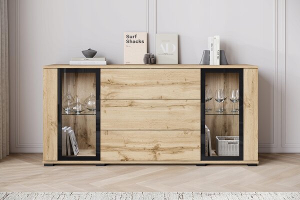 Komoda 150 cm, moderní design, skleněné dvířka a zásuvky, povrchová úprava Wotan mat, s LED osvětlením