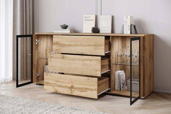 Komoda 150 cm, moderní design, skleněné dvířka a zásuvky, povrchová úprava Wotan mat, s LED osvětlením