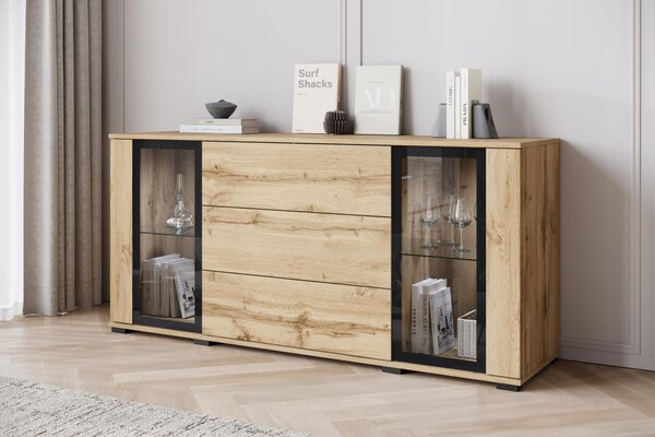 Komoda 150 cm, moderní design, skleněné dvířka a zásuvky, povrchová úprava Wotan mat, s LED osvětlením