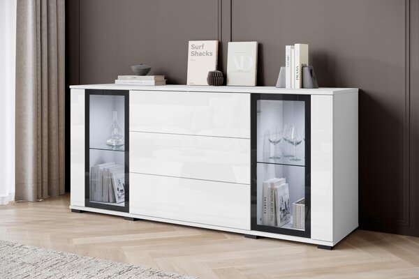 Komoda 150 cm s výkladní skříňkou, zásuvkami a policemi, bílá matná/lesklá s LED osvětlením